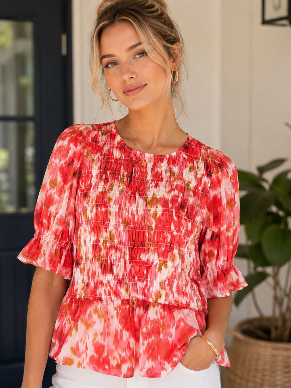 Ann Taylor Factory Red Coral Ikat Print Smocked Peplum Blouse Puff Sleeve M EUC